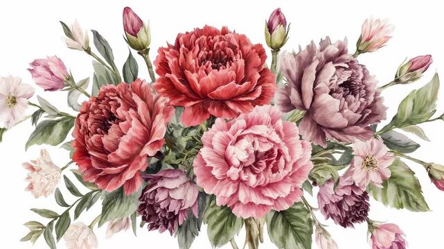 Elegant watercolor floral bouquet arrangement with roses and peonies design elements