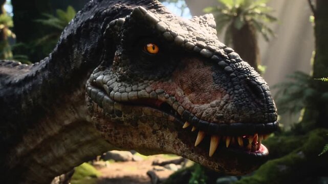 Tyrannosaurus rex opening its jaws in prehistoric jungle. Close-up of dinosaur head with sharp teeth in tropical forest. Panning and tilting camera movement.