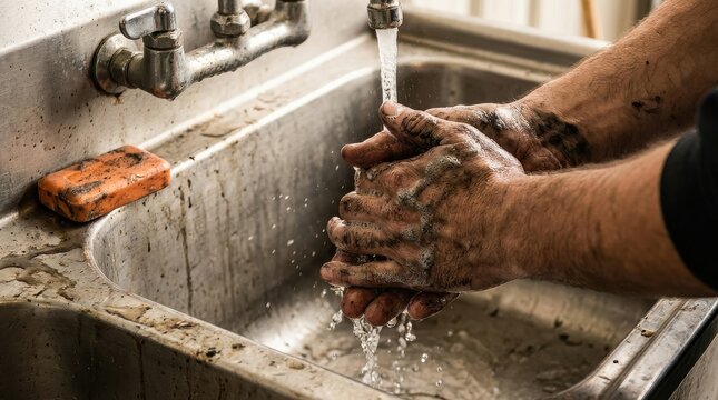 Washing greasy hands in industrial stainless steel sink