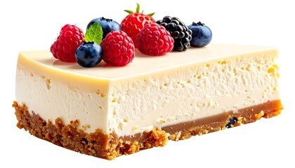 A slice of creamy cheesecake sits on a brown base, topped with an assortment of fresh berries and a mint leaf
