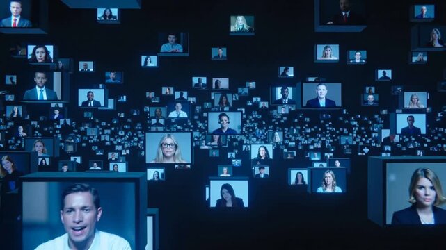 Professional man wearing headset participating in large scale virtual conference. Digital mosaic of diverse people on multiple screens representing global connectivity