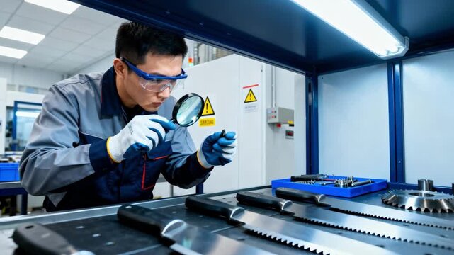 Medium shot of knife chopper cutters undergoing routine maintenance blades being carefully examined highlighting precision and industrial safety in a clean factory environment.