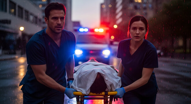 Male and female paramedics rushing patient on stretcher toward ambulance in rainy urban street at night. Emergency medical rescue operation concept. Healthcare professionals providing urgent care