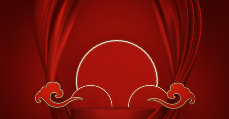 Abstract China Podium, minimal red  color geometric design.3D rendering