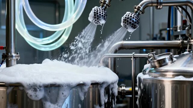Medium shot of automated CIP system spraying foam inside industrial process lines highlighting spray balls cleaning tanks and pipes with translucent loops in background.