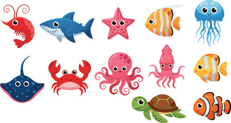 Fototapeta premium Cute cartoon sea animals illustration set with fish octopus jellyfish turtle shark and colorful underwater creatures