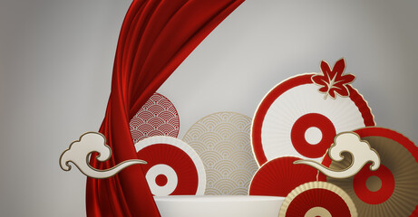 Abstract China Podium, minimal red and white color geometric design.3D rendering