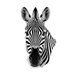 Fototapeta premium A stylized black and white portrait of a zebra's head with pronounced stripes and a focused gaze, set against a plain white background.