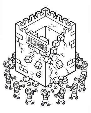 The Fall of Jericho: Bible Story Illustration. Cartoon vector of Israelites marching with trumpets as walls crumble. Old Testament scene for kids coloring page and religious education.