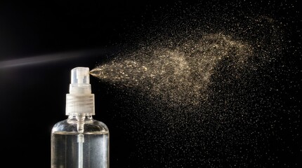 Obraz premium Clear spray bottle spraying fine mist on black background