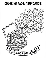 Loaves and Fishes Coloring Page: Biblical Miracle of Abundance. Christian Sunday School Activity Sheet.