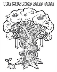 Parable of the Mustard Seed Tree Coloring Page. Christian biblical story illustration with a large treehouse, birds, nests, and a sprouting seed. Black and white line art vector.