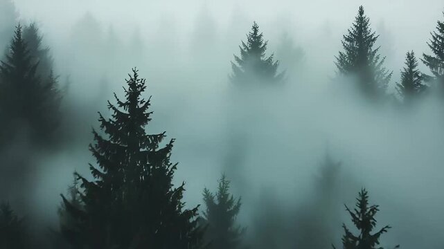Foggy forest landscape with dense evergreen trees partially obscured by thick mist, creating a mysterious and tranquil natural environment during cold weather
