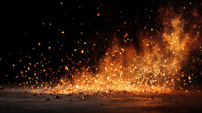 Ground-level Sparks, A low-angle view of sparks and embers bouncing and skittering across a dark floor, as if from a nearby fire, isolated on a seamless black background, overlay element. 