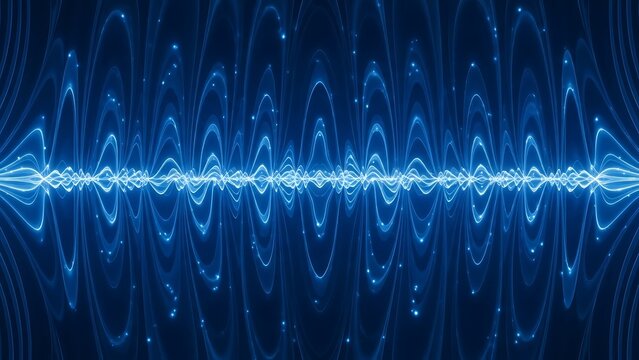 Bright blue wave pattern with glowing light particles and concentric circles