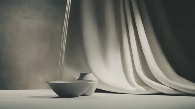 Ceramic bowl and vase in a minimalist studio still life, soft indirect light highlighting neutral beige and gray tones, smooth earthenware forms, subtle shadows and refined texture