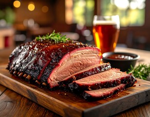 A sliced, glistening, roasted meat dish sits on a wooden board with a sauce and a beer glass in the background. The aroma of food fills the air
