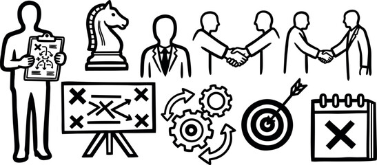 Fototapeta premium Hand drawn business strategy icons with handshake, chess knight, gears, target and calendar in black outline style