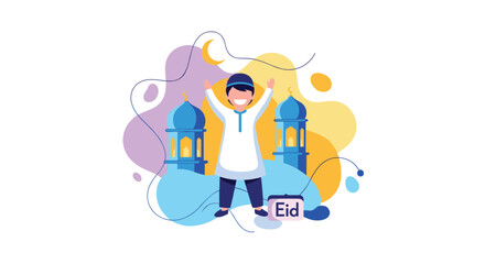A joyful boy in traditional attire celebrating Eid in front of mosques and crescent moon with colorful abstract shapes signifying religious festivity and cultural pride, Generative AI.