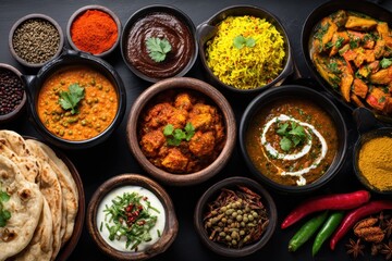 Assorted Indian curries and breads arranged in bowls, traditional cuisine spread