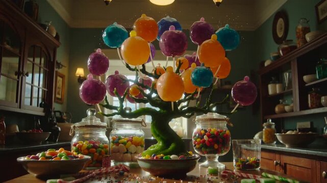 Surreal candy tree growing from bowl of colorful jelly beans. Magical transformation of sweets into glowing illuminated plant in home kitchen. Zoom out and tilt up camera movement.