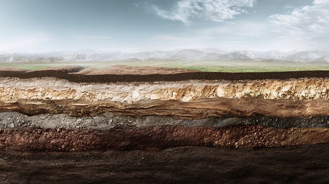 Cross-sectional depiction of varied soil layers and rock formations, under a blue sky
