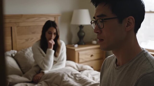 Couple having a disagreement or argument in their bedroom at home