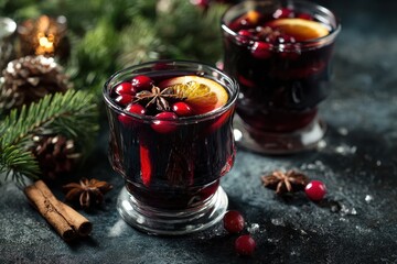 Festive mulled wine with cranberries and spices, warm holiday drink