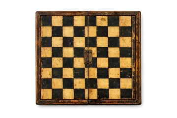 An antique wooden chessboard showing signs of use. The squares are in a classic black and light color scheme and can be folded for viewing from above.