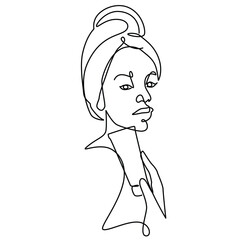 Woman with towel on head holding skincare one line drawing. Woman with towel on head holding skincare single line illustration. Woman with towel on head holding skincare minimalist line art
