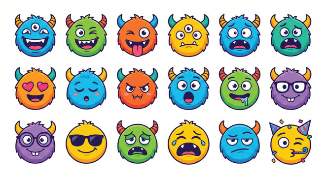 A colorful collection of cute cartoon monster emoji faces expressing various emotions