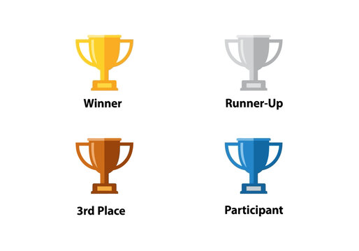 Awards ceremony with trophies representing winner, runner-up, third place, and participant on a clean white background