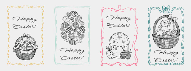 Hand drawn Easter cards with baskets, eggs, cake, and bunny in festive borders. Vector sketch illustration in vintage crayon charcoal style. Spring greeting cards. © Nataliya Pokrovska
