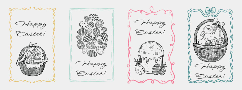 Hand drawn Easter cards with baskets, eggs, cake, and bunny in festive borders. Vector sketch illustration in vintage crayon charcoal style. Spring greeting cards.