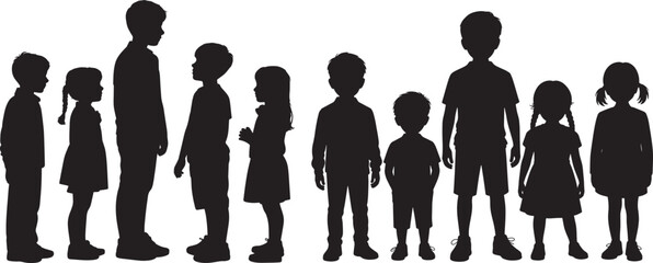 Silhouettes of children and toddlers of various ages and heights standing in a row, commonly used as stock vectors for educational materials, parenting resources, or children-related design projects.