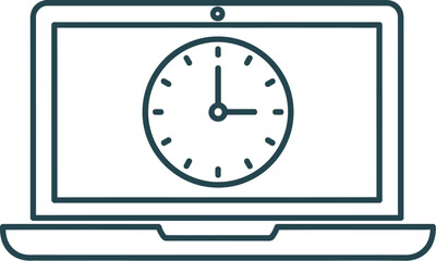 Obraz premium Simple line art illustration of laptop computer with clock on screen, modern minimalist design, business productivity concept, time management