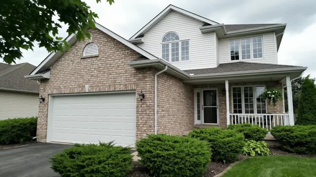 Modern suburban house with a brick exterior and white trim