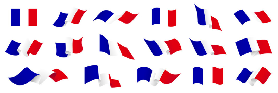 France flag set, French flag icon collection, 3D waving flag