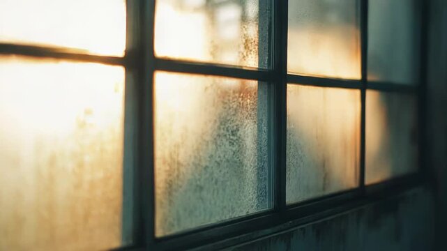 Sunlight brightly illuminating a dirty window panel with a metal frame, creating a contrasting mood with the dark, textured room interior, symbolizing hope and new beginnings