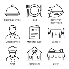 Catering icon set vector. Catering service, food, delivery of ready meals, guest service, menu for event, banquet vector