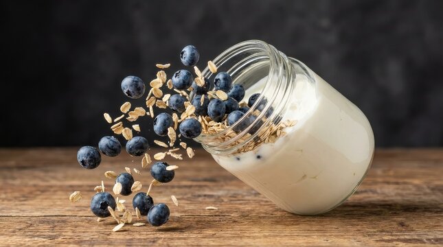 A dynamic studio shot of a glass jar tipping over, spilling fresh blueberries and oats next to it, b