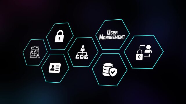 User management system concept with secure access control, identity icons, database monitoring and digital technology interface.