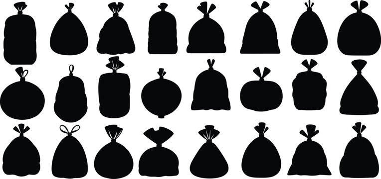 Trash bag silhouette set, realistic trash bag icons set, waste disposal illustration, plastic rubbish bags graphics for cleaning. vector