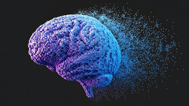 Pixelated brain with purple and blue hues disintegrating into particles pixel purple