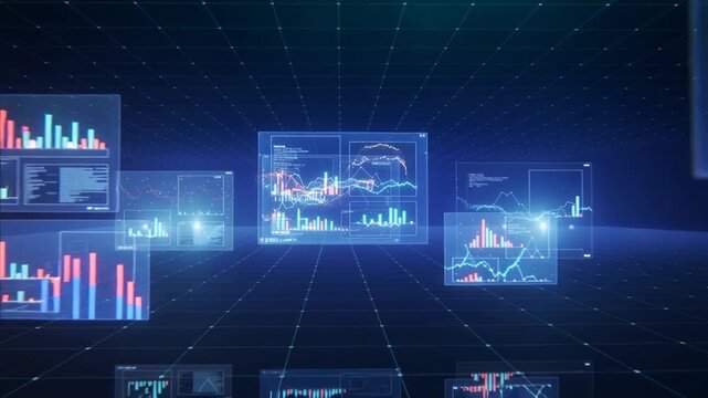 Interactive financial dashboard with holographic charts and graphs. Panning shot of digital data visualization.
