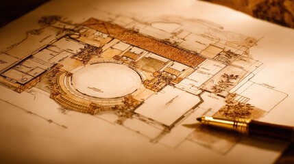 Architectural Blueprint of Circular Atrium With Drafting Tools.