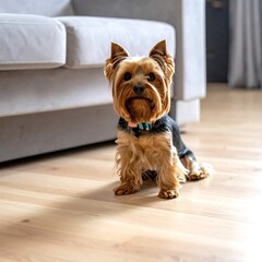 A small, adorable dog sits on a light-colored wooden floor, facing the camera. It wears a collar near a modern couch