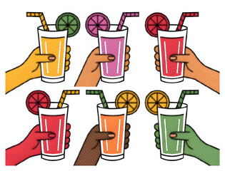 Vector illustration of assorted drinks in glass cups and bottles including beer soda juice coffee and cocktails isolated as clean beverage icons set