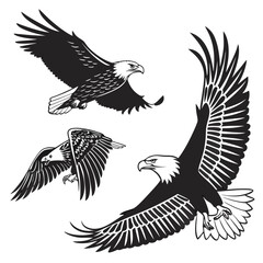 Obraz premium Black silhouette vector illustration of a majestic eagle in flight with expansive wings symbolizing freedom and wildlife nature