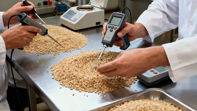 Technicians conduct detailed grain quality checks with handheld probes and moisture meters at a sampling station ensuring foreign matter is identified and removed.
